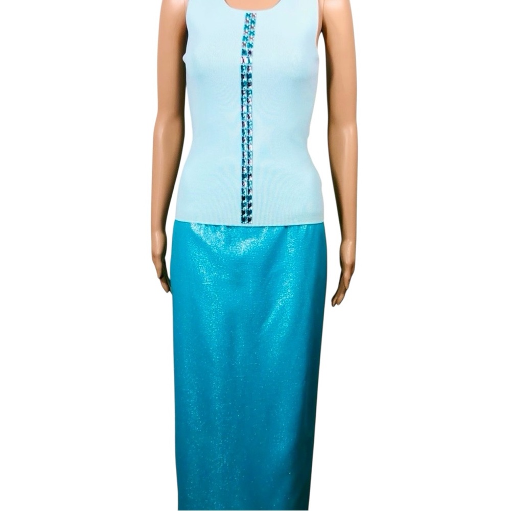 Light blue sleeveless knit top with aqua blue and clear crystals - Picture 13 of 15